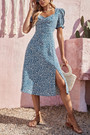 Xs-L Summer New Stylish Inelastic Floral Batch Printing Square Neckline Split Casual Midi Dress