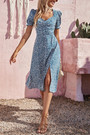 Xs-L Summer New Stylish Inelastic Floral Batch Printing Square Neckline Split Casual Midi Dress