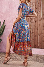 Xs-L Summer New Stylish Inelastic Flower & Leaf Batch Printing V-Neck Casual Midi Dress With Belt