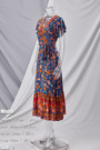Xs-L Summer New Stylish Inelastic Flower & Leaf Batch Printing V-Neck Casual Midi Dress With Belt