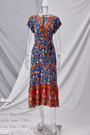 Xs-L Summer New Stylish Inelastic Flower & Leaf Batch Printing V-Neck Casual Midi Dress With Belt