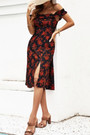 Xs-L Summer New Stylish Micro Elastic Flower Batch Printing Off-The-Shoulder Split Casual Midi Dress