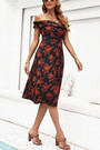 Xs-L Summer New Stylish Micro Elastic Flower Batch Printing Off-The-Shoulder Split Casual Midi Dress