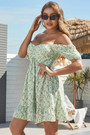 Xs-L Summer New Stylish Simple Multicolor Batch Printing Good Quality Inelastic Off-Shoulder Pleated Casual Mini Dress