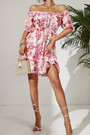 Xs-L Summer New Stylish Stretch Flower Printing Off-The-Shoulder Ruffle Lace-Up Casual Mini Dress Dresses