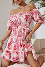 Xs-L Summer New Stylish Stretch Flower Printing Off-The-Shoulder Ruffle Lace-Up Casual Mini Dress Dresses