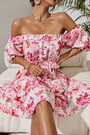Xs-L Summer New Stylish Stretch Flower Printing Off-The-Shoulder Ruffle Lace-Up Casual Mini Dress Dresses