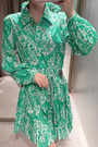 Xs-L Summer New Stylish Two Colors Batch Printing Lapel Button Long Sleeve Inelastic With Belt Casual Mini Dress