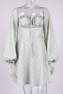 Xs-L Two Colors Floral Printing Inelastic Square-Neck Lace-Up Zip-Up Back Sweet Rural Mini Dress