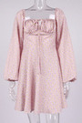 Xs-L Two Colors Floral Printing Inelastic Square-Neck Lace-Up Zip-Up Back Sweet Rural Mini Dress