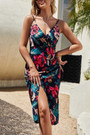 Xs-M Summer New Flower Batch Printing Micro-Elastic Backless Adjustable Straps High Slit Sexy Midi Dress