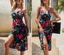 Xs-M Summer New Flower Batch Printing Micro-Elastic Backless Adjustable Straps High Slit Sexy Midi Dress
