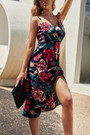 Xs-M Summer New Flower Batch Printing Micro-Elastic Backless Adjustable Straps High Slit Sexy Midi Dress