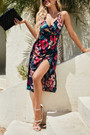 Xs-M Summer New Flower Batch Printing Micro-Elastic Backless Adjustable Straps High Slit Sexy Midi Dress