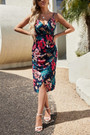Xs-M Summer New Flower Batch Printing Micro-Elastic Backless Adjustable Straps High Slit Sexy Midi Dress