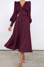 Xs-Xl Autumn New Stylish Nine Colors V-Neck Solid Color Lantern Sleeve Button Inelastic Casual Midi Dress