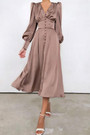 Xs-Xl Autumn New Stylish Nine Colors V-Neck Solid Color Lantern Sleeve Button Inelastic Casual Midi Dress