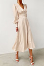 Xs-Xl Autumn New Stylish Nine Colors V-Neck Solid Color Lantern Sleeve Button Inelastic Casual Midi Dress