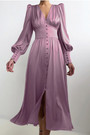 Xs-Xl Autumn New Stylish Nine Colors V-Neck Solid Color Lantern Sleeve Button Inelastic Casual Midi Dress