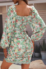 Xs-Xl Spring New Stylish Inelastic Flower Printing Square Neckline Shirring Backless Slim Sexy Mini Dress