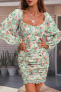Xs-Xl Spring New Stylish Inelastic Flower Printing Square Neckline Shirring Backless Slim Sexy Mini Dress