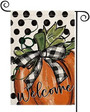 Fall Pumpkin Welcome Garden Flag Vertical Double Sided, Polka Dot Buffalo Check Plaid Farmhouse Autumn Thanksgiving Flag Holiday Yard Outdoor Decoration