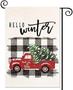 Hello Winter Christmas Red Truck Garden Flag Vertical Double Sided Black White Buffalo Plaid Yard Outdoor Decor