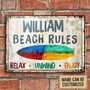 Metal Sign- Colorful Surfing Beach Rules Relax Unwind Enjoy Custom Name Rectangle Metal Sign