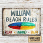 Metal Sign- Colorful Surfing Beach Rules Relax Unwind Enjoy Custom Name Rectangle Metal Sign