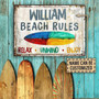 Metal Sign- Colorful Surfing Beach Rules Relax Unwind Enjoy Custom Name Rectangle Metal Sign