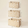 Beige White Rectangular Wicker Storage Baskets for Organizing with Wood Handles Set of 3