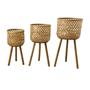 Brown Round Bamboo Flower Plant Basket with Wood Legs Set of 3 Home Decor