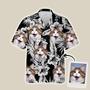 Customized Dog Cat Face Aloha Hawaiian Shirts With Pet Face - Flowers Pattern Black Color Aloha Hawaiian Shirts & Tops For Cat Lovers