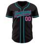 Custom Black Pink Pinstripe Pink-Teal Authentic Baseball Jersey