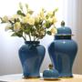 Large Navy Blue Glazed Porcelain Ceramic Ginger Jar Flower Vase With Gold Electroplated