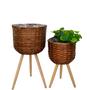 Set of 3 Brown Modern Handwoven Basket Flower Pots with Liners And Wood Legs