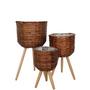 Set of 3 Brown Modern Handwoven Basket Flower Pots with Liners And Wood Legs