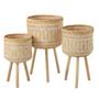Set of 3 Handcrafted Natural And White Bamboo Planter Pot With Wood Stand Legs Holder Indoor Decor Home Gardens