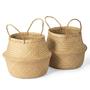 Set of 2 Medium Sedge Wicker Planters Belly Basket Plant Basket with Plastic Liner and Handles