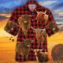 Highland Cattle Red Tartan Pattern All Over Printed Hawaiian Shirt, Farm Hawaiian Shirt, Farmer Hawaii