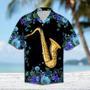 Blue Flower Frame Cover Saxophone On Black Pattern Hawaiian Shirt Summer Gifts