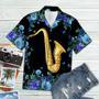 Blue Flower Frame Cover Saxophone On Black Pattern Hawaiian Shirt Summer Gifts