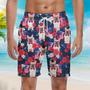 French Bulldog Holding Flag USA On Red Rose Tropical Beach Shorts For Men