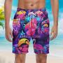 Retro Neon Tropical Flamingo Beach Shorts For Men