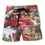 Christmas Red Truck With Xmas Tree And Little Puppy Beach Short