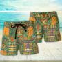 Tiki Mask Tropical Hawaii Sur Board And Palm Leaves Beach Short