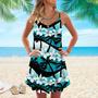 Blue Tropical Flowers With Palm Tree Spaghetti Strap Summer Dress