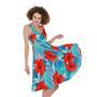 Blue Tropical Hibiscus Pattern Print Sleeveless Knee Length Dress