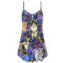 Cat Lovely And Purple Flowers - V-Neck Sleeveless Cami Dress