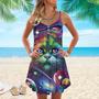 colorful Rainbow Cat Space Galaxy Planet Spaghetti Strap Summer Dress